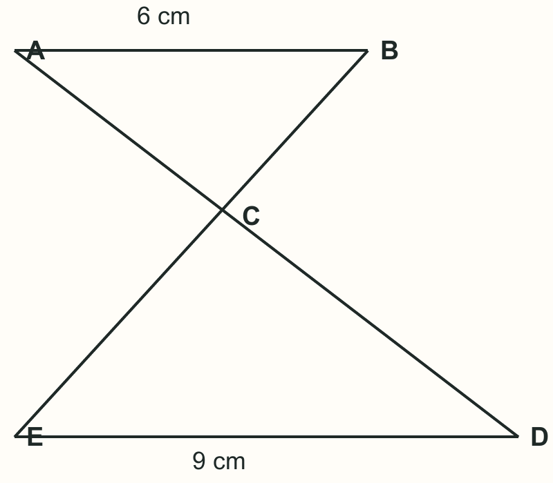 Original worksheet diagram: AB is parallel to ED; lines AD and BE intersect at C. AB is labelled 6 cm and ED 9 cm.