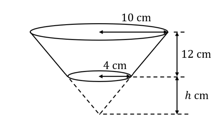 Original flower-pot diagram: the larger cone has base radius 10 cm, the removed cone has radius 4 cm and height h cm, and the pot is 12 cm high.